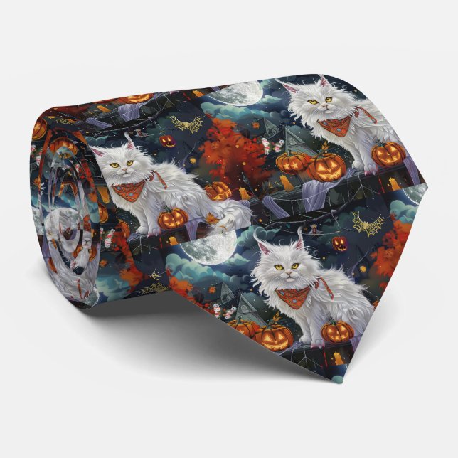 Turkish Angora Cat Halloween Spooky Neck Tie (Rolled)
