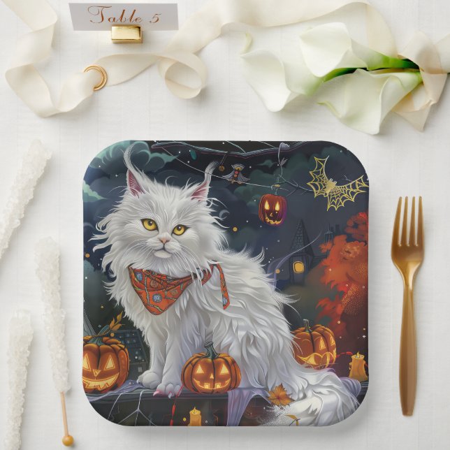 Turkish Angora Cat Halloween Spooky Paper Plates (Wedding)
