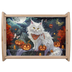 Turkish Angora Cat Halloween Spooky Serving Tray