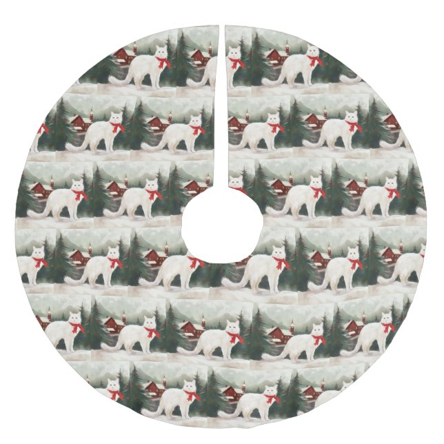 Turkish Angora Cat in Snow Christmas Brushed Polyester Tree Skirt (Front)