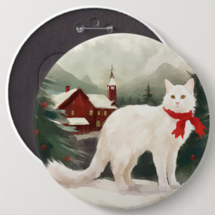 Turkish Angora Cat in Snow Christmas Button