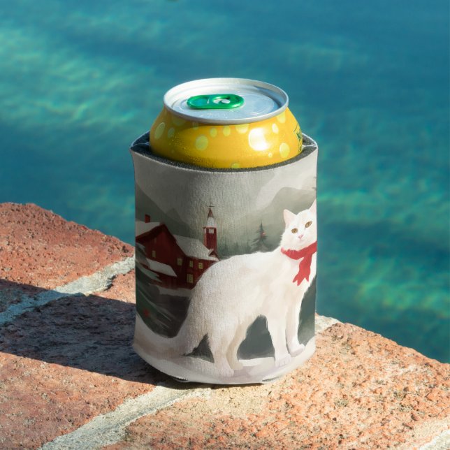 Turkish Angora Cat in Snow Christmas Can Cooler (In Situ Pool)