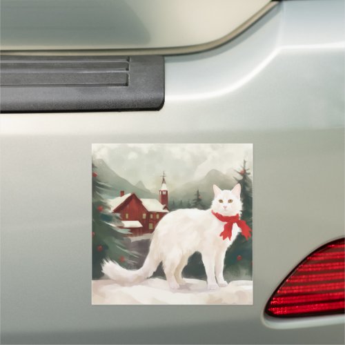 Turkish Angora Cat in Snow Christmas Car Magnet