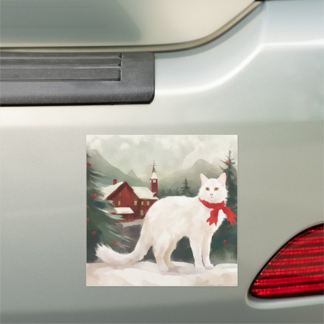 Turkish Angora Cat in Snow Christmas Car Magnet (In Situ)