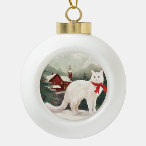 Turkish Angora Cat in Snow Christmas Ceramic Ball Christmas Ornament