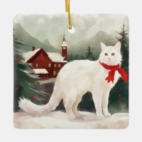 Turkish Angora Cat in Snow Christmas Ceramic Ornament