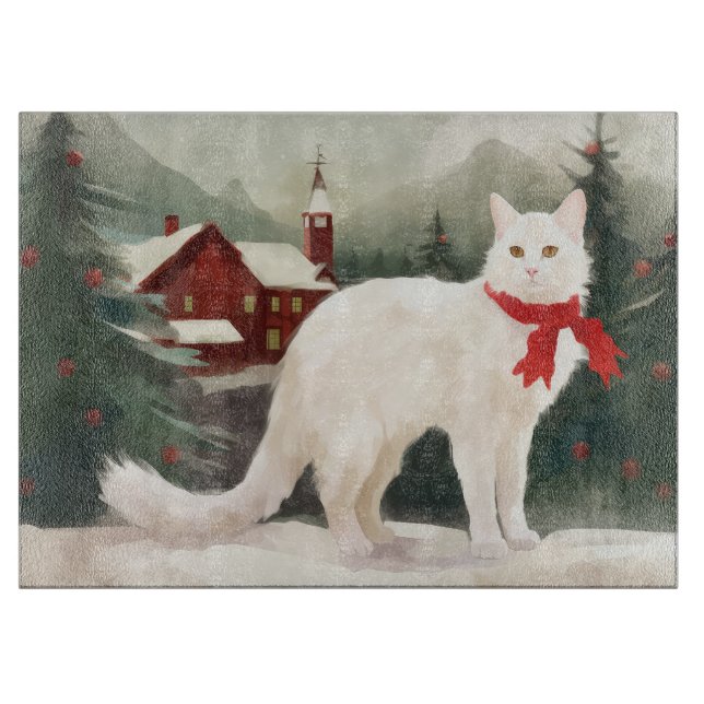 Turkish Angora Cat in Snow Christmas Cutting Board (Front)
