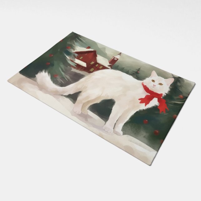 Turkish Angora Cat in Snow Christmas Doormat (Angled)
