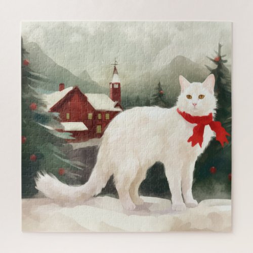 Turkish Angora Cat in Snow Christmas Jigsaw Puzzle