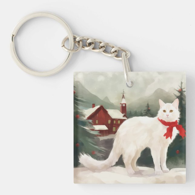 Turkish Angora Cat in Snow Christmas Keychain (Front)
