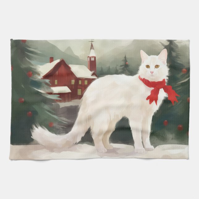 Turkish Angora Cat in Snow Christmas Kitchen Towel (Horizontal)