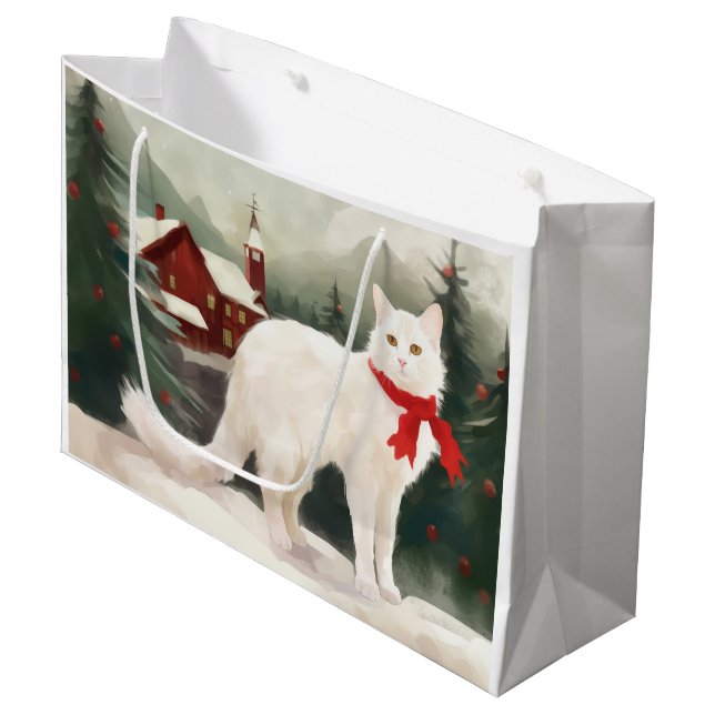 Turkish Angora Cat in Snow Christmas Large Gift Bag (Front Angled)