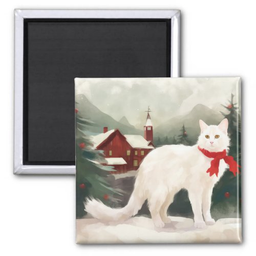 Turkish Angora Cat in Snow Christmas Magnet