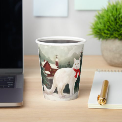 Turkish Angora Cat in Snow Christmas Paper Cups
