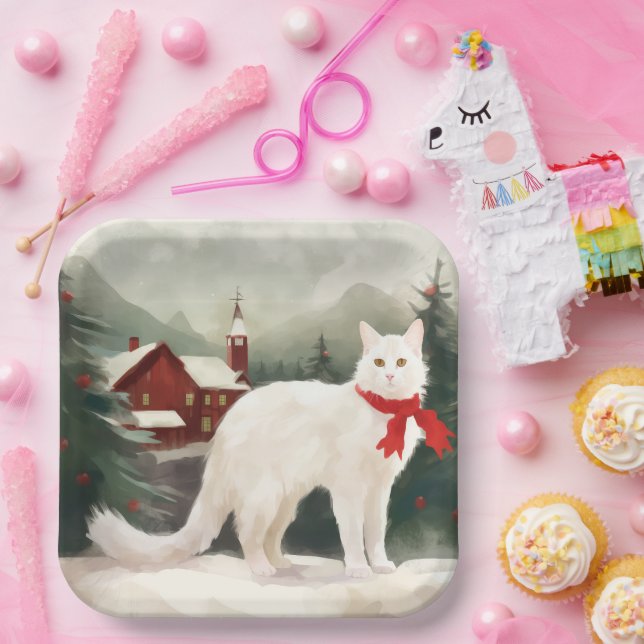 Turkish Angora Cat in Snow Christmas Paper Plates (Party)