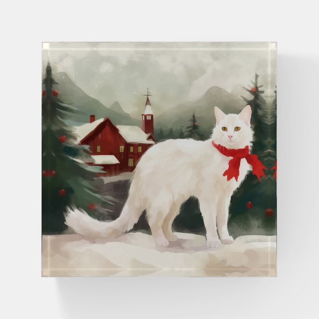 Turkish Angora Cat in Snow Christmas Paperweight (Front)