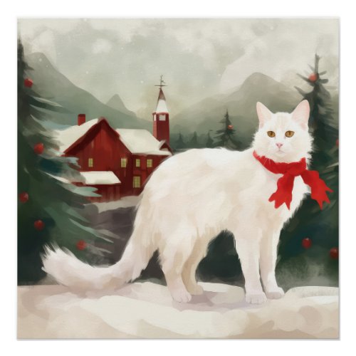 Turkish Angora Cat in Snow Christmas Poster