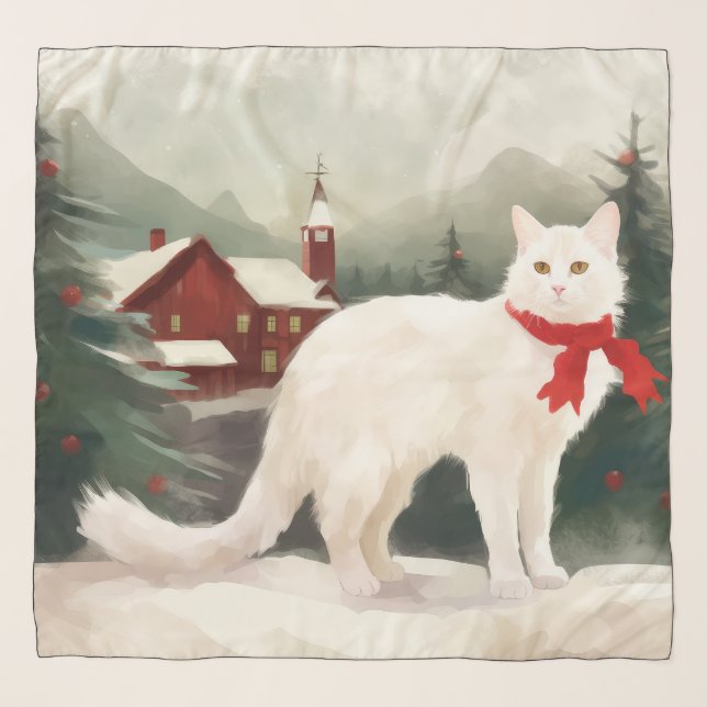 Turkish Angora Cat in Snow Christmas Scarf (Front)