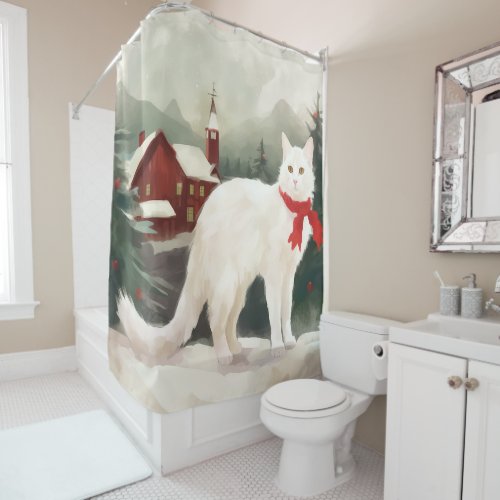 Turkish Angora Cat in Snow Christmas Shower Curtain