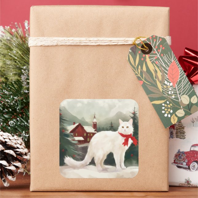 Turkish Angora Cat in Snow Christmas Square Sticker (Holiday)