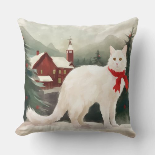 Turkish Angora Cat in Snow Christmas Throw Pillow