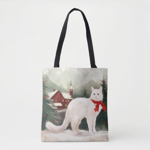 Turkish Angora Cat in Snow Christmas Tote Bag