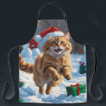Turkish Angora Cat Running in Snow Christmas Hat Apron<br><div class="desc">A graceful Turkish Angora Cat runs playfully through the snowy winter scene,  wearing a festive red Christmas hat. This elegant design highlights the breed’s silky coat,  slender frame,  and affectionate nature while capturing the warmth and joy of the holiday season. A heartwarming winter moment full of festive cheer.</div>