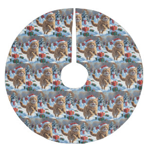 Turkish Angora Cat Running in Snow Christmas Hat Brushed Polyester Tree Skirt