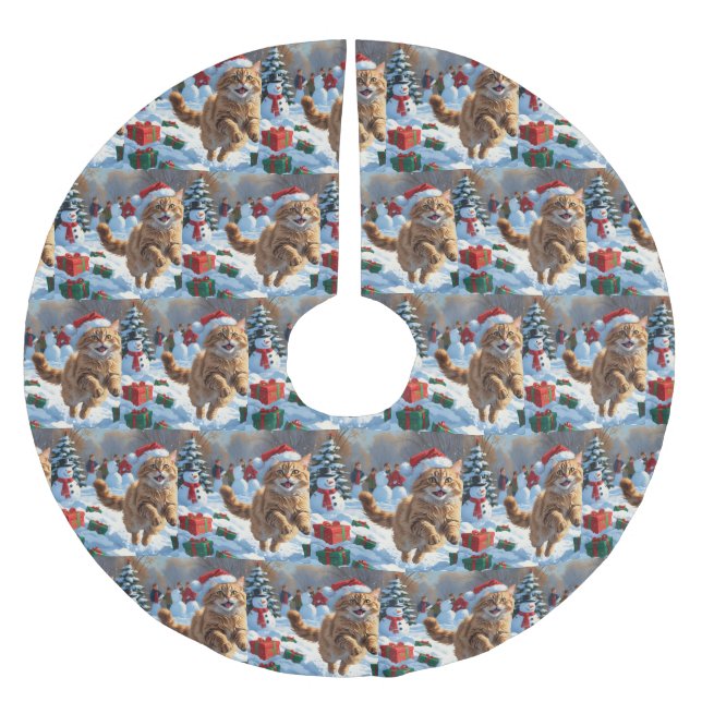 Turkish Angora Cat Running in Snow Christmas Hat Brushed Polyester Tree Skirt (Front)