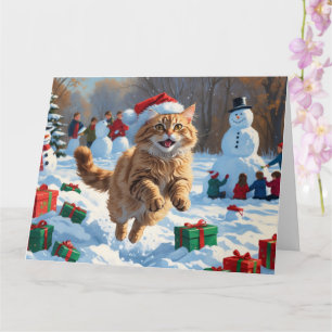 Turkish Angora Cat Running in Snow Christmas Hat Card