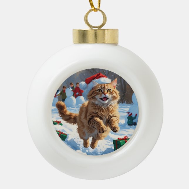 Turkish Angora Cat Running in Snow Christmas Hat Ceramic Ball Christmas Ornament (Front)