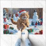 Turkish Angora Cat Running in Snow Christmas Hat Doormat<br><div class="desc">A graceful Turkish Angora Cat runs playfully through the snowy winter scene,  wearing a festive red Christmas hat. This elegant design highlights the breed’s silky coat,  slender frame,  and affectionate nature while capturing the warmth and joy of the holiday season. A heartwarming winter moment full of festive cheer.</div>