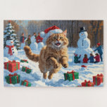 Turkish Angora Cat Running in Snow Christmas Hat Jigsaw Puzzle<br><div class="desc">A graceful Turkish Angora Cat runs playfully through the snowy winter scene,  wearing a festive red Christmas hat. This elegant design highlights the breed’s silky coat,  slender frame,  and affectionate nature while capturing the warmth and joy of the holiday season. A heartwarming winter moment full of festive cheer.</div>