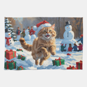 Turkish Angora Cat Running in Snow Christmas Hat Kitchen Towel