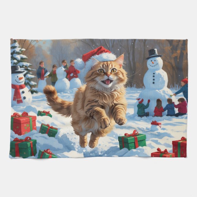 Turkish Angora Cat Running in Snow Christmas Hat Kitchen Towel (Horizontal)