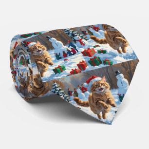 Turkish Angora Cat Running in Snow Christmas Hat Neck Tie