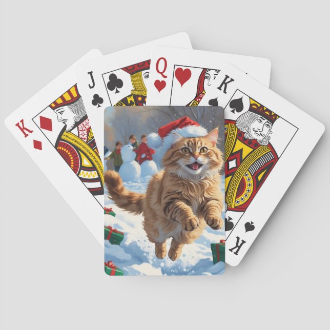 Turkish Angora Cat Running in Snow Christmas Hat Poker Cards (Back)