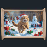 Turkish Angora Cat Running in Snow Christmas Hat Serving Tray<br><div class="desc">A graceful Turkish Angora Cat runs playfully through the snowy winter scene,  wearing a festive red Christmas hat. This elegant design highlights the breed’s silky coat,  slender frame,  and affectionate nature while capturing the warmth and joy of the holiday season. A heartwarming winter moment full of festive cheer.</div>