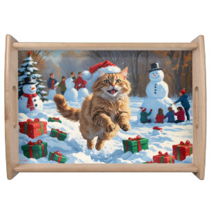 Turkish Angora Cat Running in Snow Christmas Hat Serving Tray