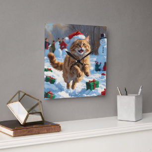 Turkish Angora Cat Running in Snow Christmas Hat Square Wall Clock