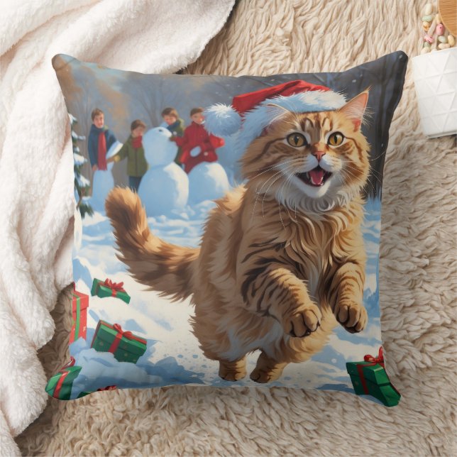 Turkish Angora Cat Running in Snow Christmas Hat Throw Pillow (Blanket)