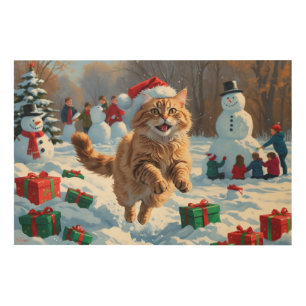 Turkish Angora Cat Running in Snow Christmas Hat Wood Wall Art