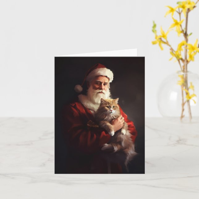 Turkish Angora Cat Santa Claus Festive Christmas  Card (Yellow Flower)