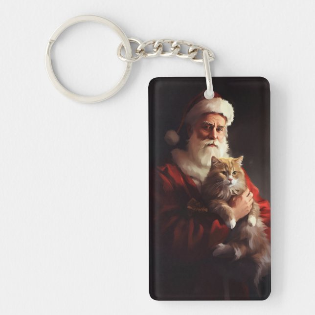 Turkish Angora Cat Santa Claus Festive Christmas  Keychain (Front)