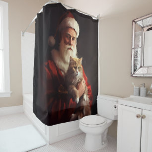 Turkish Angora Cat Santa Claus Festive Christmas Shower Curtain