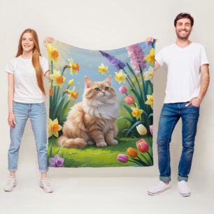 Turkish Angora Cat Spring Flowers Painting Fleece Blanket