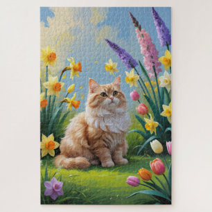Turkish Angora Cat Spring Flowers Painting Jigsaw Puzzle
