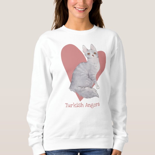 Turkish Angora Cat Watercolor Kitty Pink Heart Sweatshirt (Front)