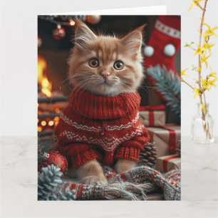 Turkish Angora Cat With Christmas Gifts Fireplace Card