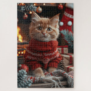 Turkish Angora Cat With Christmas Gifts Fireplace Jigsaw Puzzle